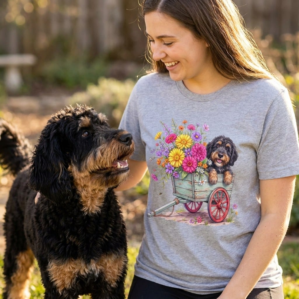 Phantom Goldendoodle Spring Wagon T-Shirt in by Puppy Jo