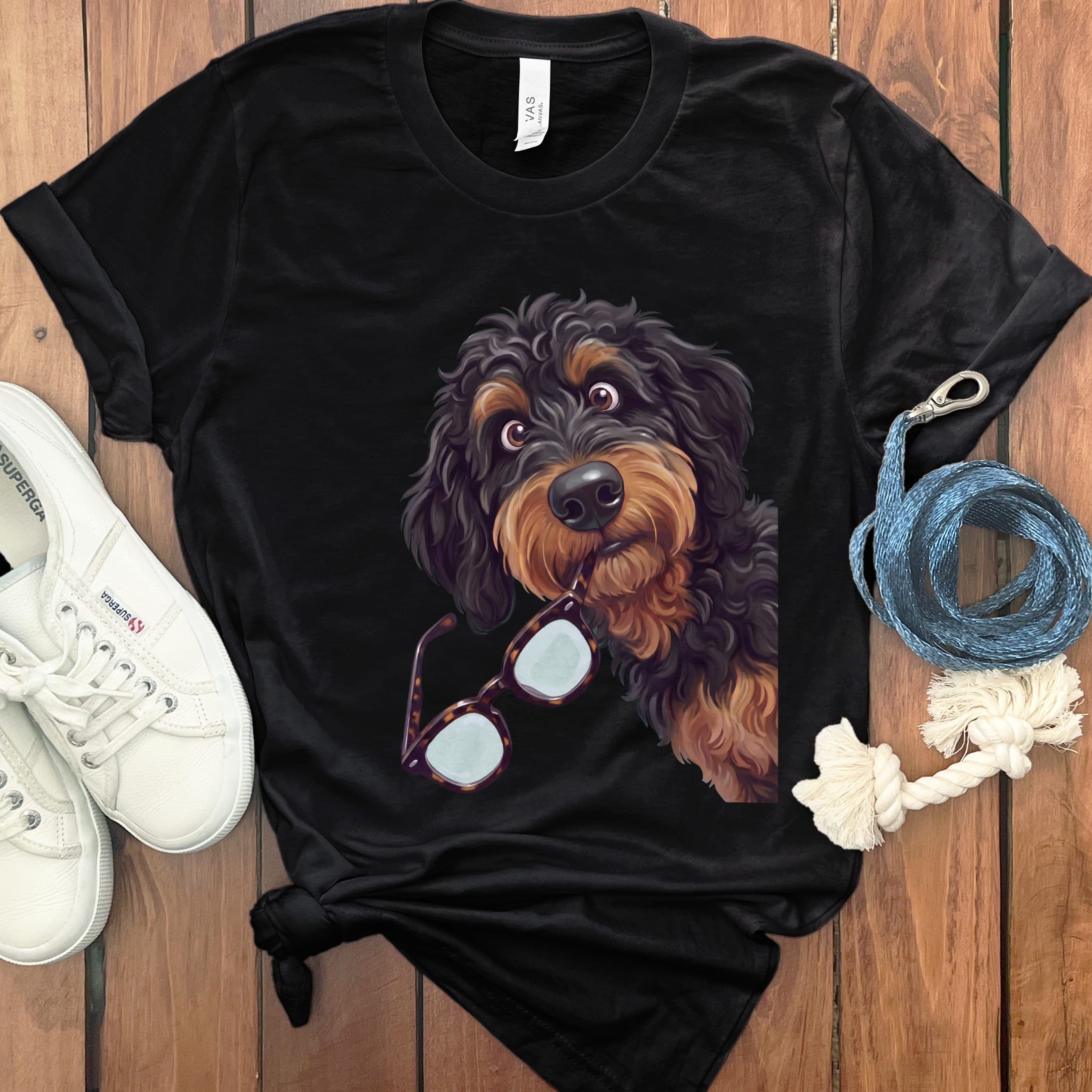 Phantom Goldendoodle Stolen Glasses T-Shirt in Black / S by Puppy Jo