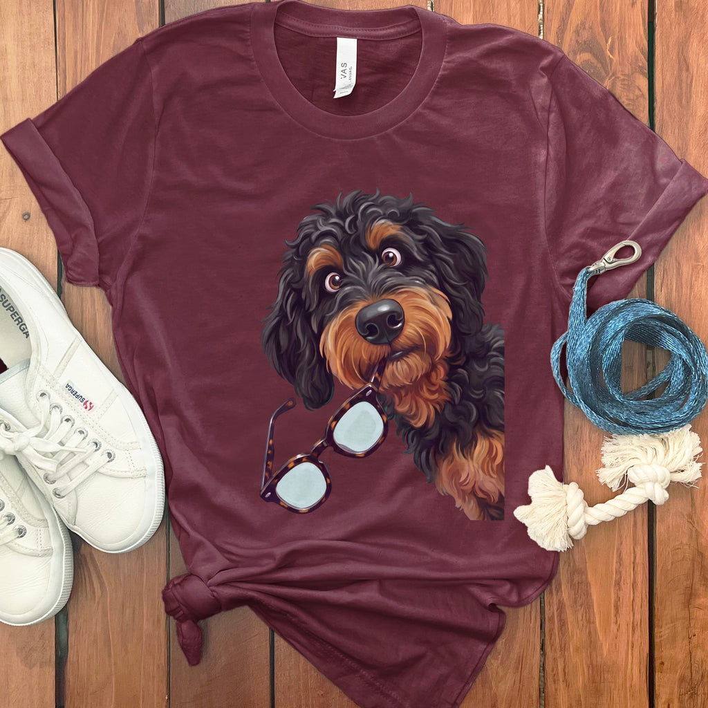 Phantom Goldendoodle Stolen Glasses T-Shirt in Maroon / S by Puppy Jo