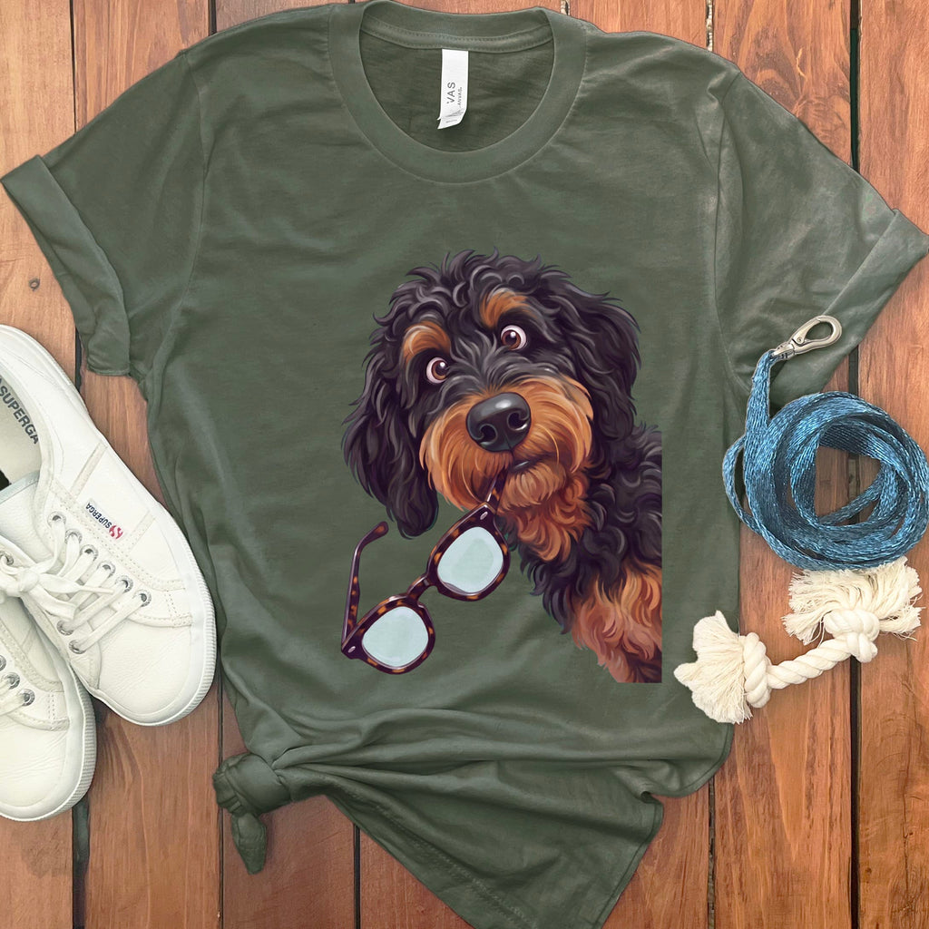 Phantom Goldendoodle Stolen Glasses T-Shirt in Military Green / S by Puppy Jo