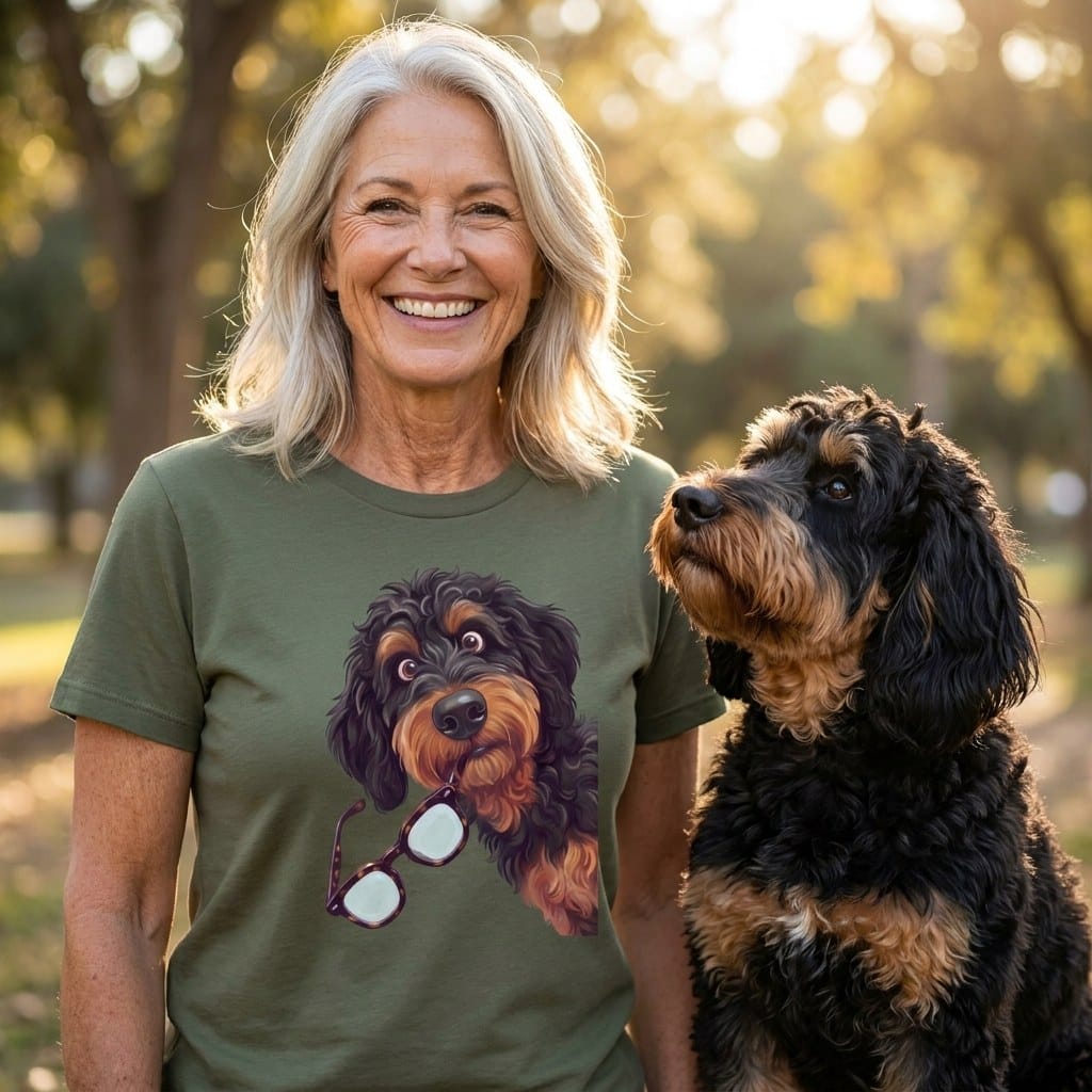 Phantom Goldendoodle Stolen Glasses T-Shirt in by Puppy Jo