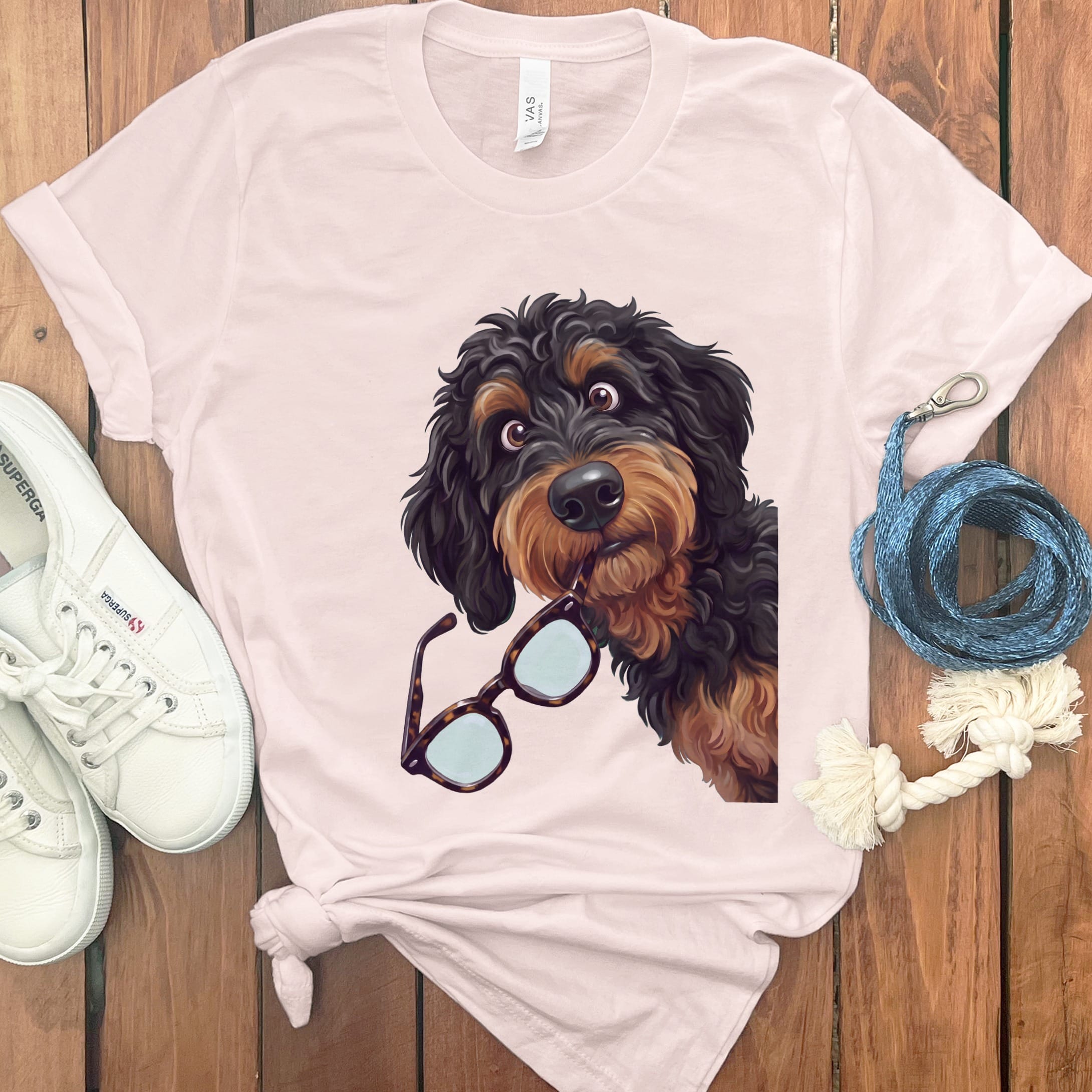 Phantom Goldendoodle Stolen Glasses T-Shirt in Soft Pink / S by Puppy Jo