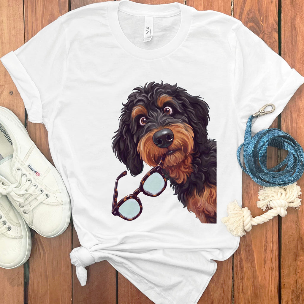 Phantom Goldendoodle Stolen Glasses T-Shirt in White / S by Puppy Jo