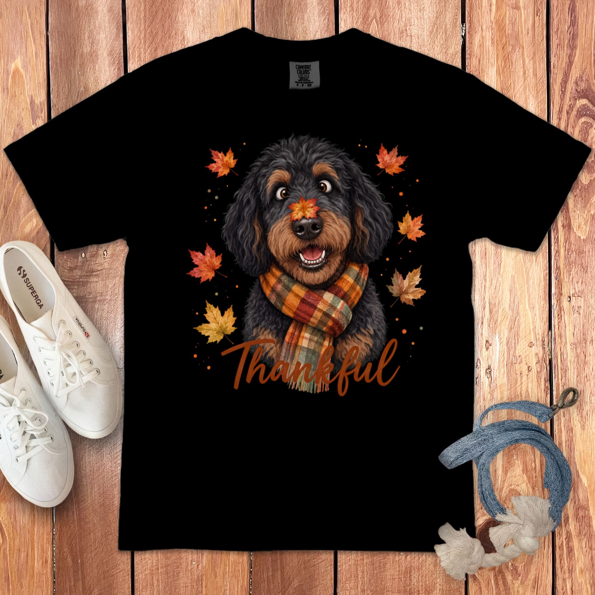 Phantom Goldendoodle Thankful Signature T-Shirt in Black / S by Puppy Jo