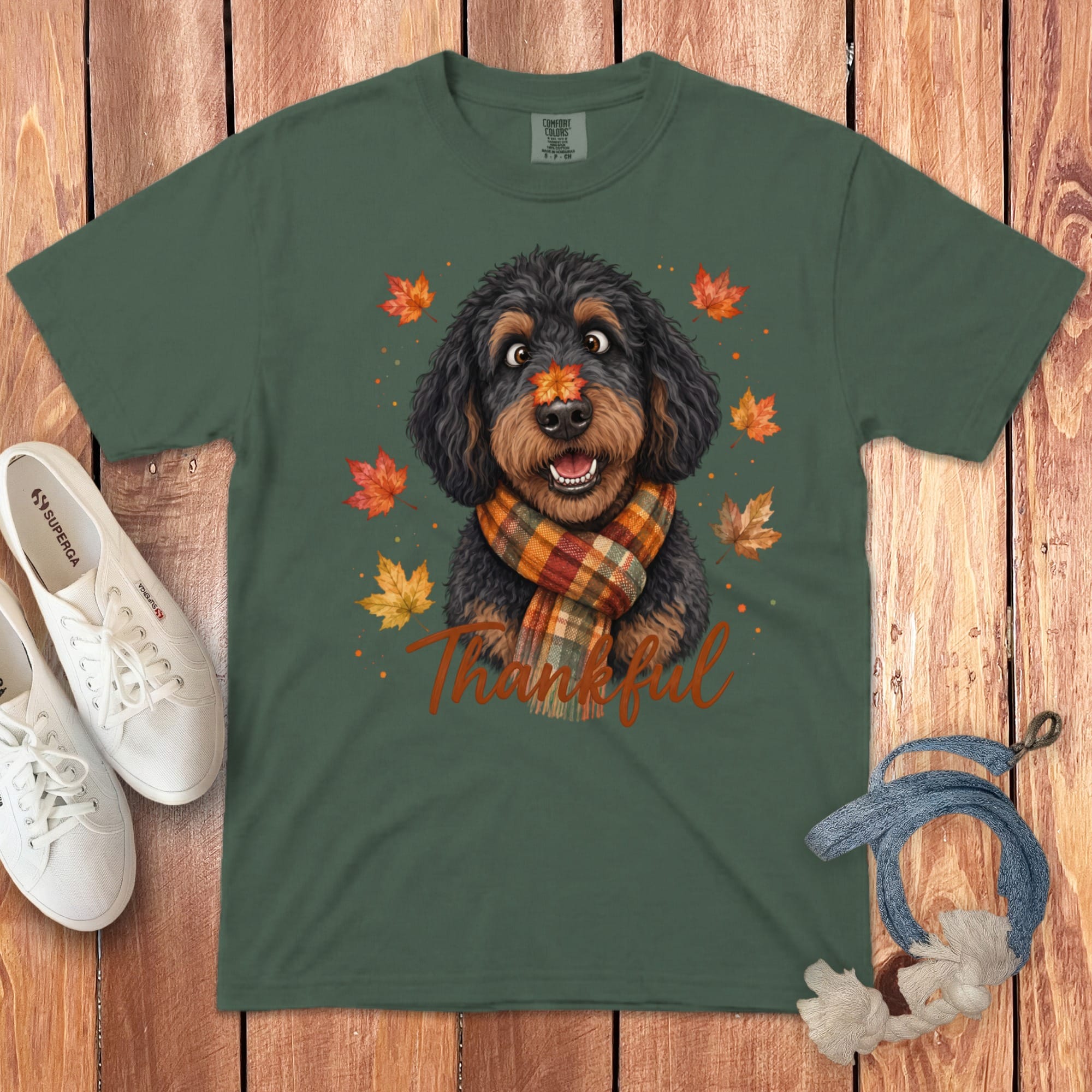 Phantom Goldendoodle Thankful Signature T-Shirt in Blue Spruce / S by Puppy Jo