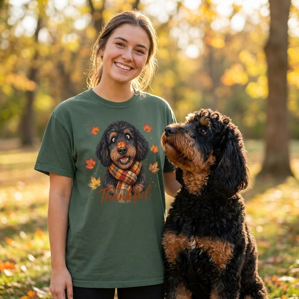 Phantom Goldendoodle Thankful Signature T-Shirt in by Puppy Jo