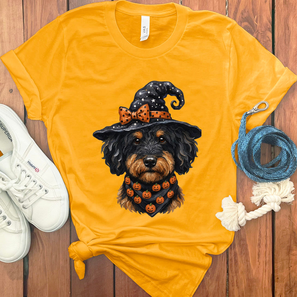 Phantom Goldendoodle Witch Hat T-Shirt in Gold / S by MyDesigns