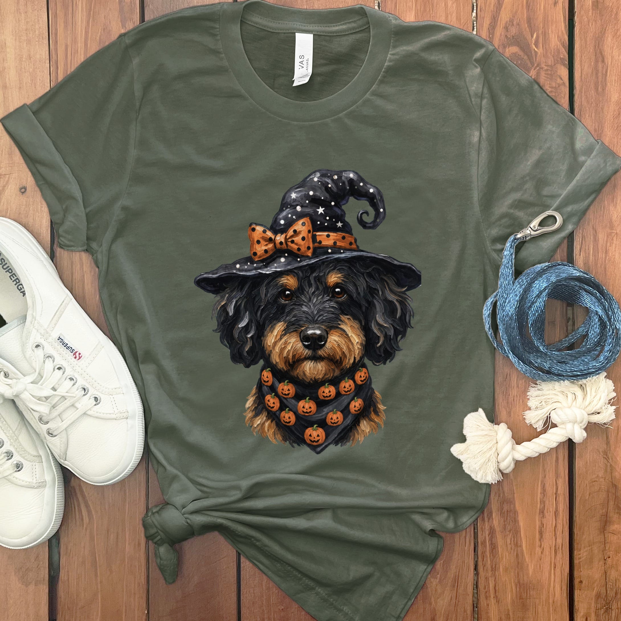 Phantom Goldendoodle Witch Hat T-Shirt in Military Green / S by MyDesigns