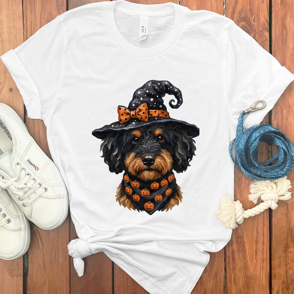 Phantom Goldendoodle Witch Hat T-Shirt in White / S by MyDesigns