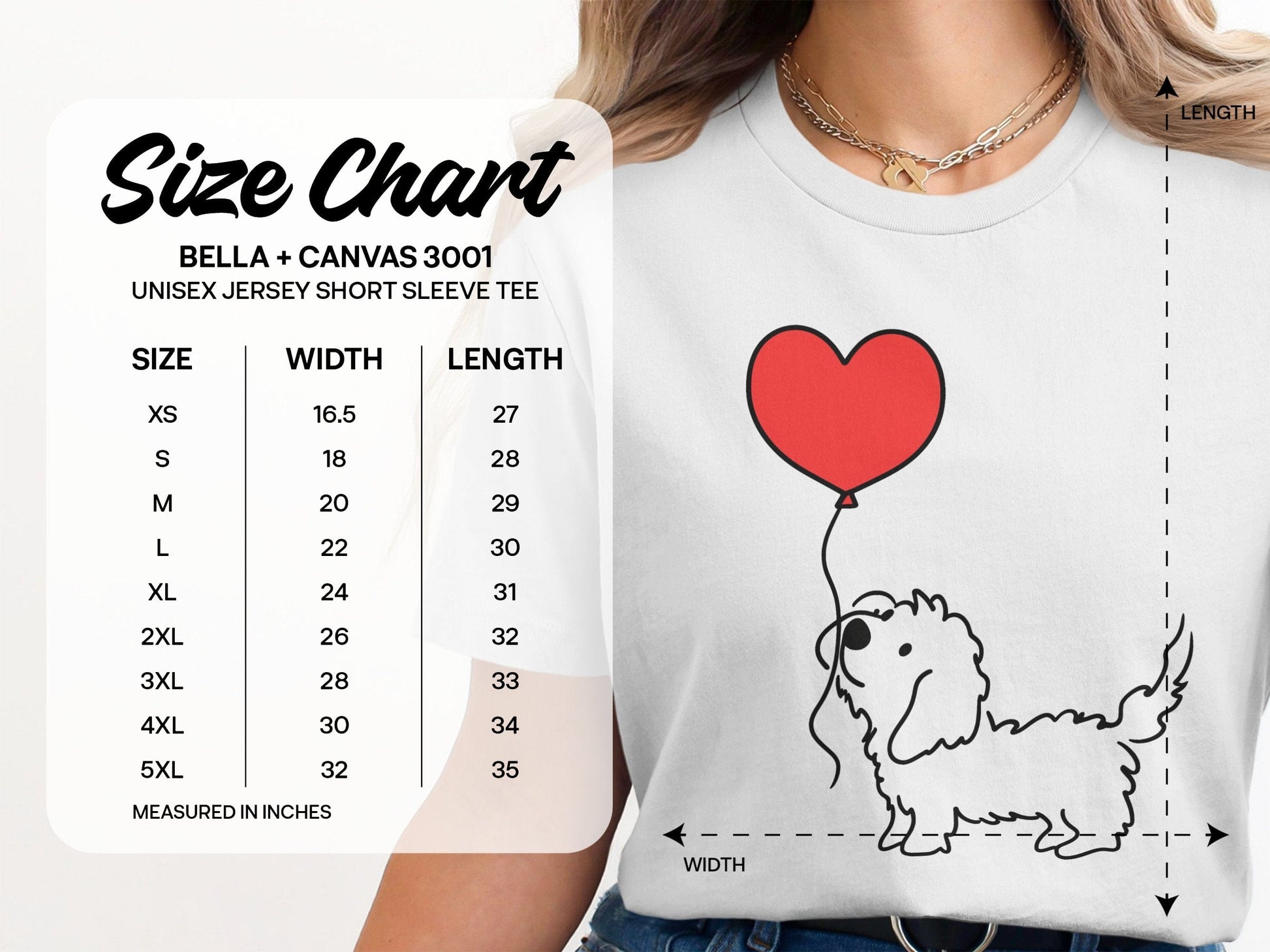 Women's Cute Dog and Heart Balloon Graphic T-Shirt, Bella Canvas 3001, Casual Soft Cotton Tee, Multiple Sizes Available
