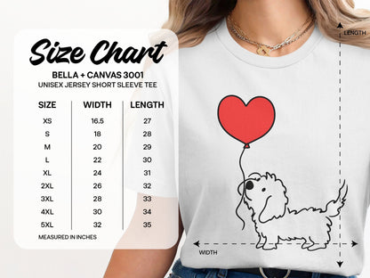 Women's Cute Dog and Heart Balloon Graphic T-Shirt, Bella Canvas 3001, Casual Soft Cotton Tee, Multiple Sizes Available