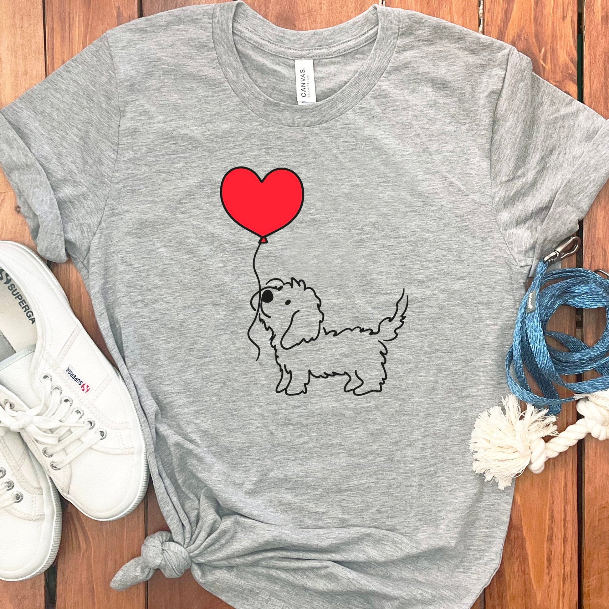 Cute Dog T-Shirt with Heart Balloon, Grey Unisex Tee, Casual Graphic Shirt, Pet Lover Gift, Dog Mom Fashion, Soft Cotton Top