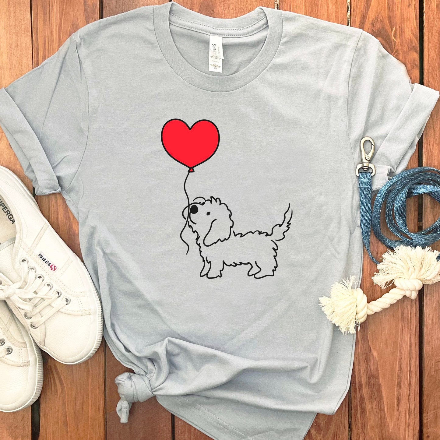 Cute Dog T-Shirt with Red Heart Balloon Graphic, Unisex Grey Tee, Casual Pet Lover Apparel