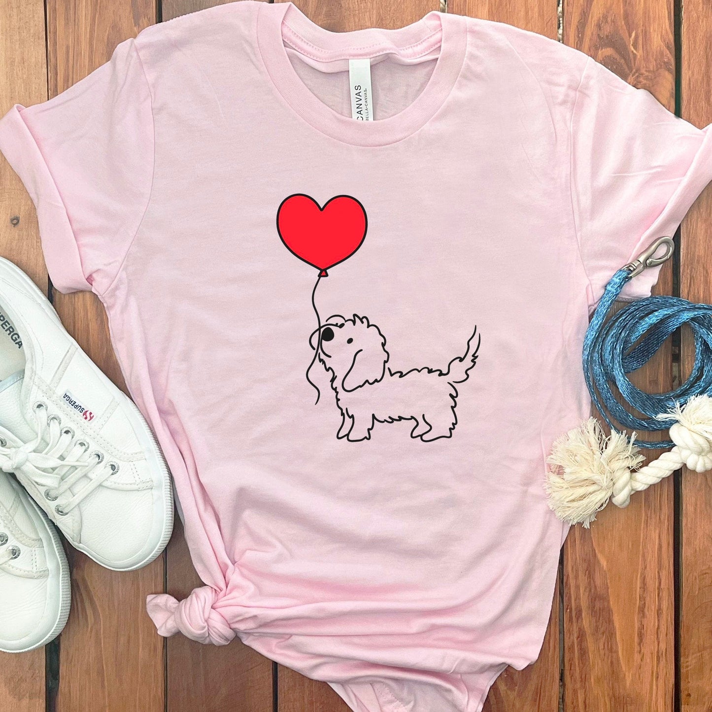 Cute Heart Balloon Dog T-Shirt, Pink Cartoon Dog Graphic Tee, Casual Women's Fashion Top