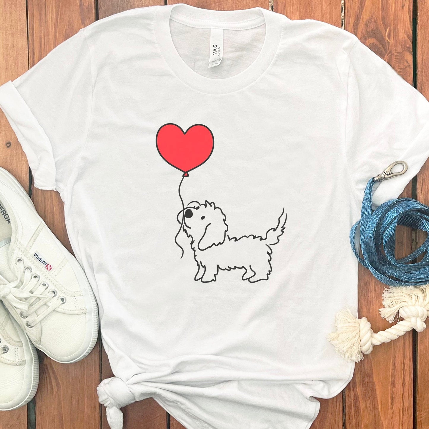 Cute Dog T-Shirt with Heart Balloon, Unisex Cotton Tee, Casual Graphic Shirt, Pet Lover Gift, White Top with Red Balloon Design