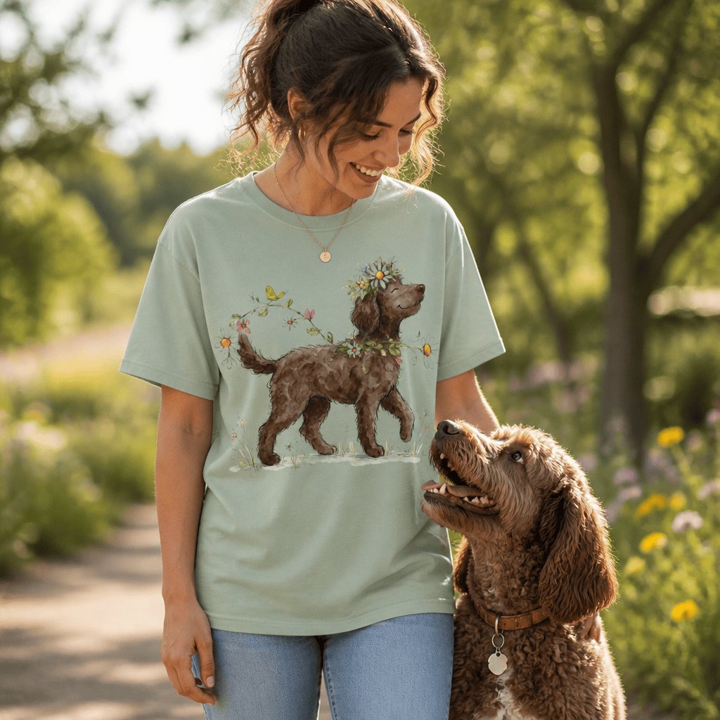 Prancing Chocolate Doodle Signature T-Shirt in by Puppy Jo