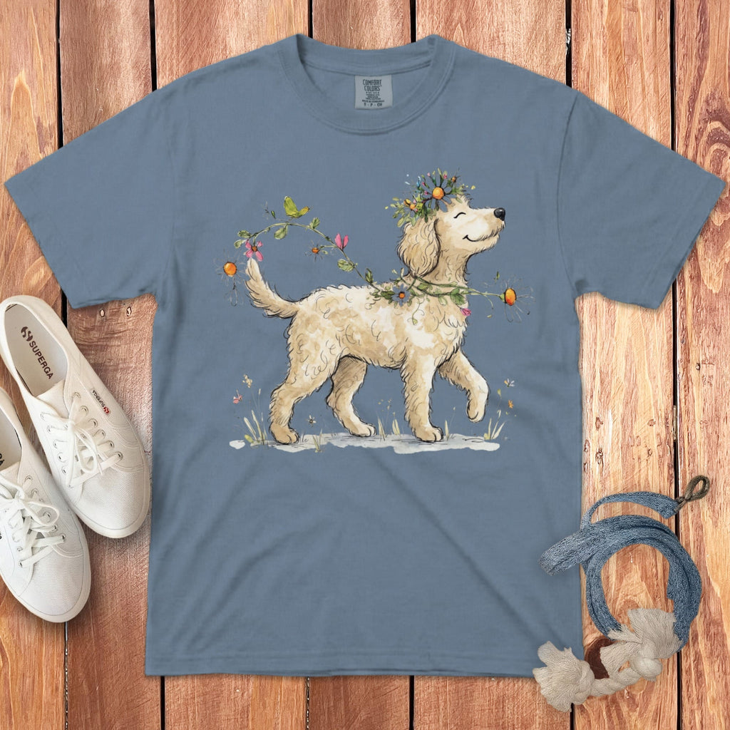 Prancing Cream Doodle Signature T-Shirt in Blue Jean / S by Puppy Jo