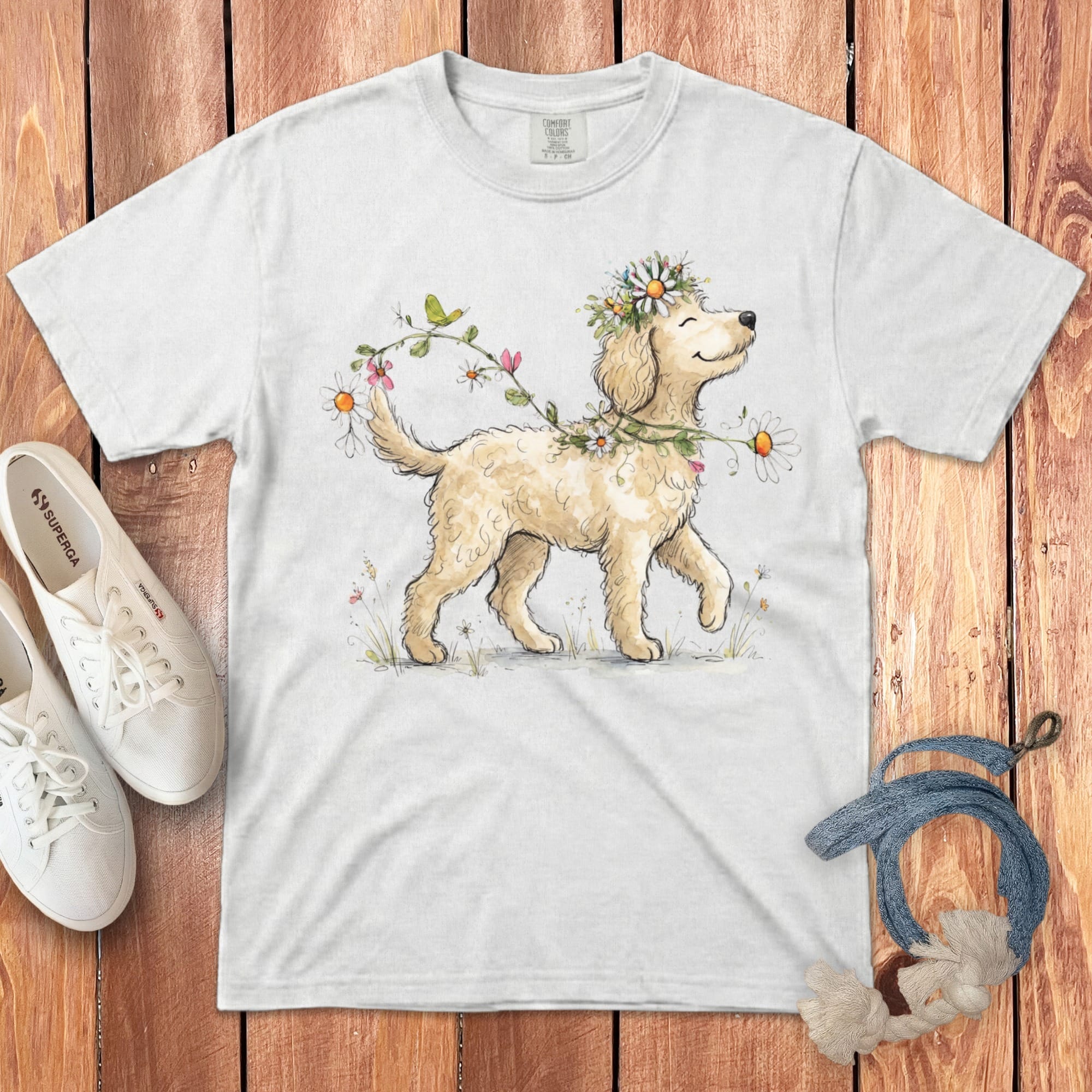 Prancing Cream Doodle Signature T-Shirt in White / S by Puppy Jo