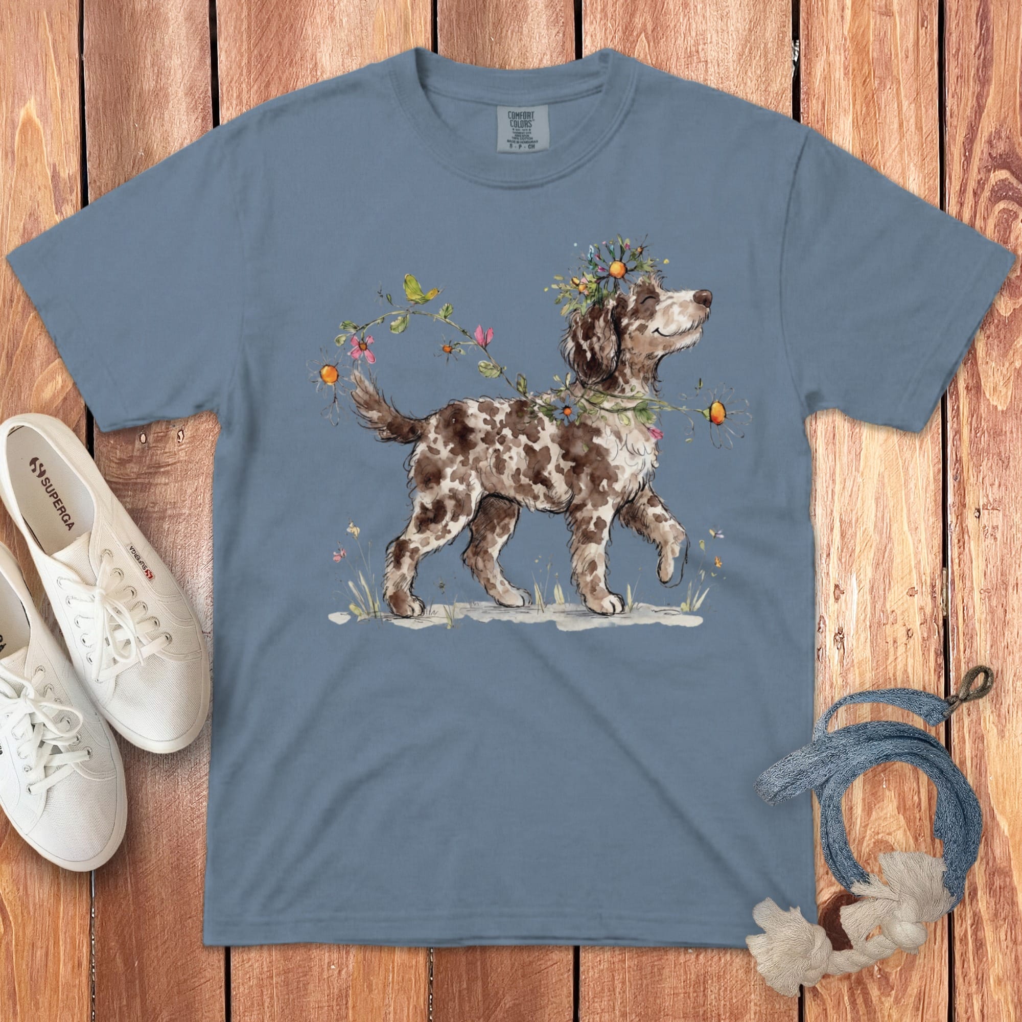 Prancing Floral Aussiedoodle Signature T-Shirt in Blue Jean / S by Puppy Jo