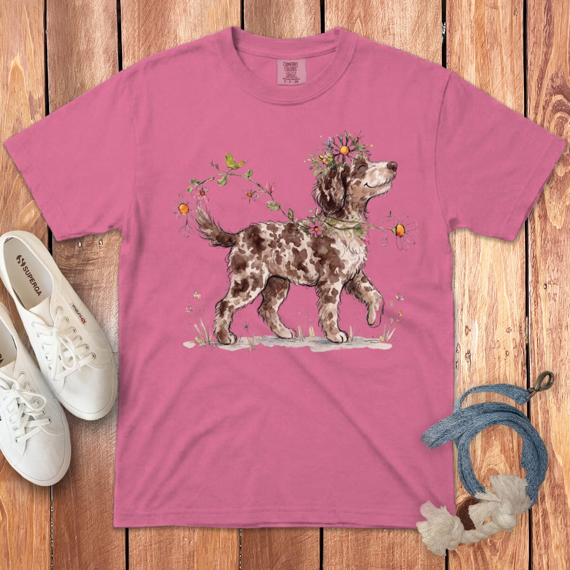 Prancing Floral Aussiedoodle Signature T-Shirt in Crunchberry / S by Puppy Jo