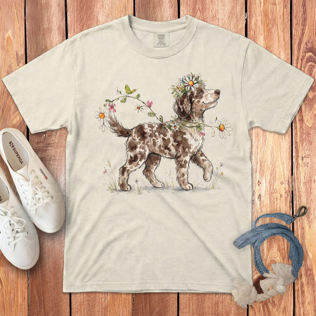 Prancing Floral Aussiedoodle Signature T-Shirt in Ivory / S by Puppy Jo