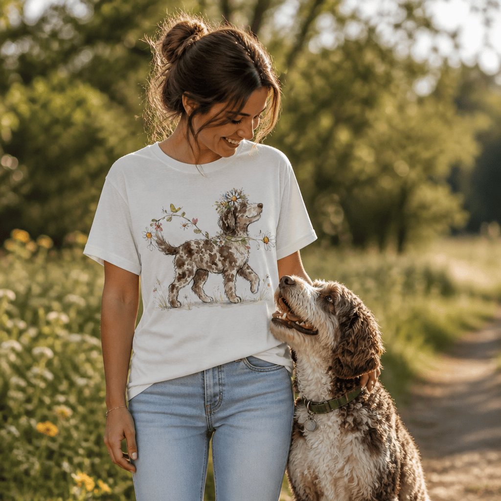 Prancing Floral Aussiedoodle Signature T-Shirt in by Puppy Jo