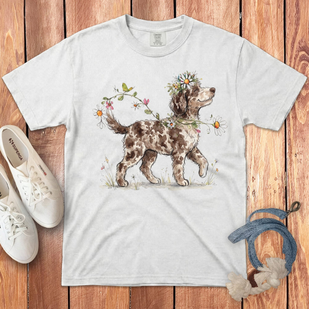 Prancing Floral Aussiedoodle Signature T-Shirt in White / S by Puppy Jo