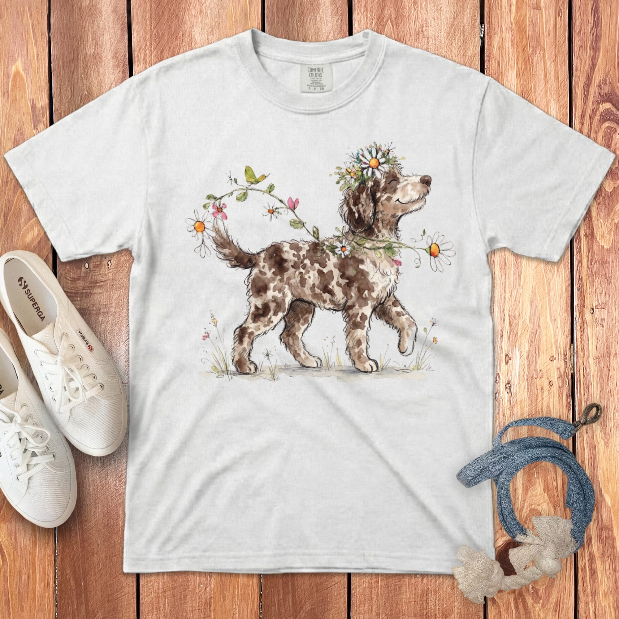 Prancing Floral Aussiedoodle Signature T-Shirt in White / S by Puppy Jo