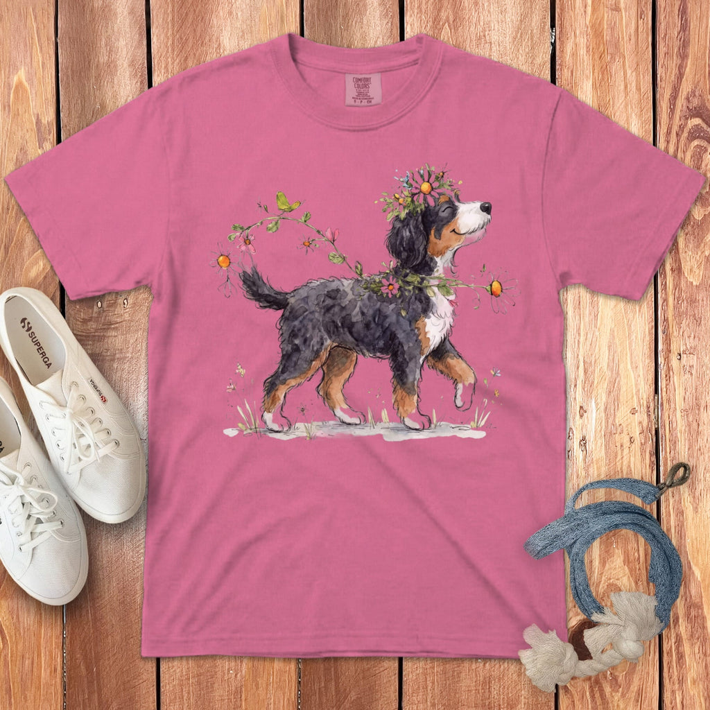 Prancing Floral Bernedoodle Signature T-Shirt in Crunchberry / S by Puppy Jo