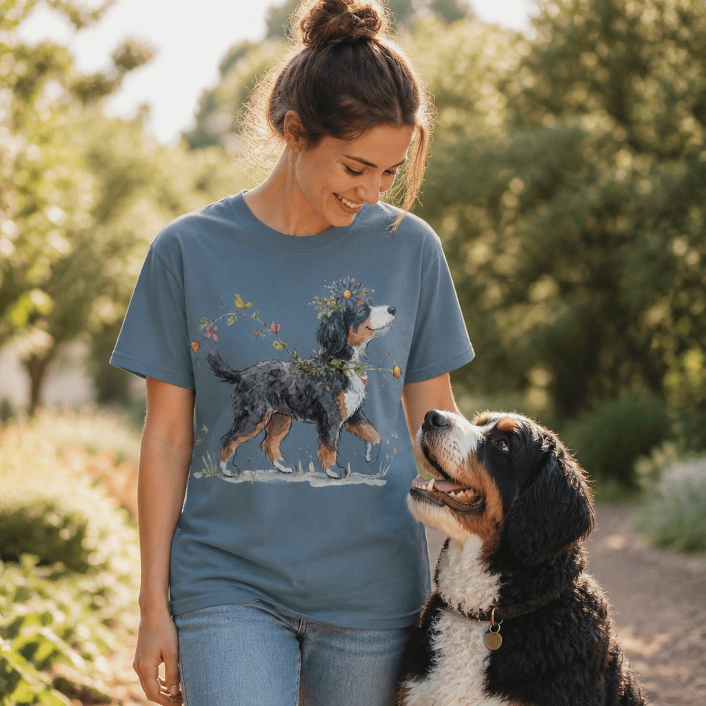 Prancing Floral Bernedoodle Signature T-Shirt in by Puppy Jo