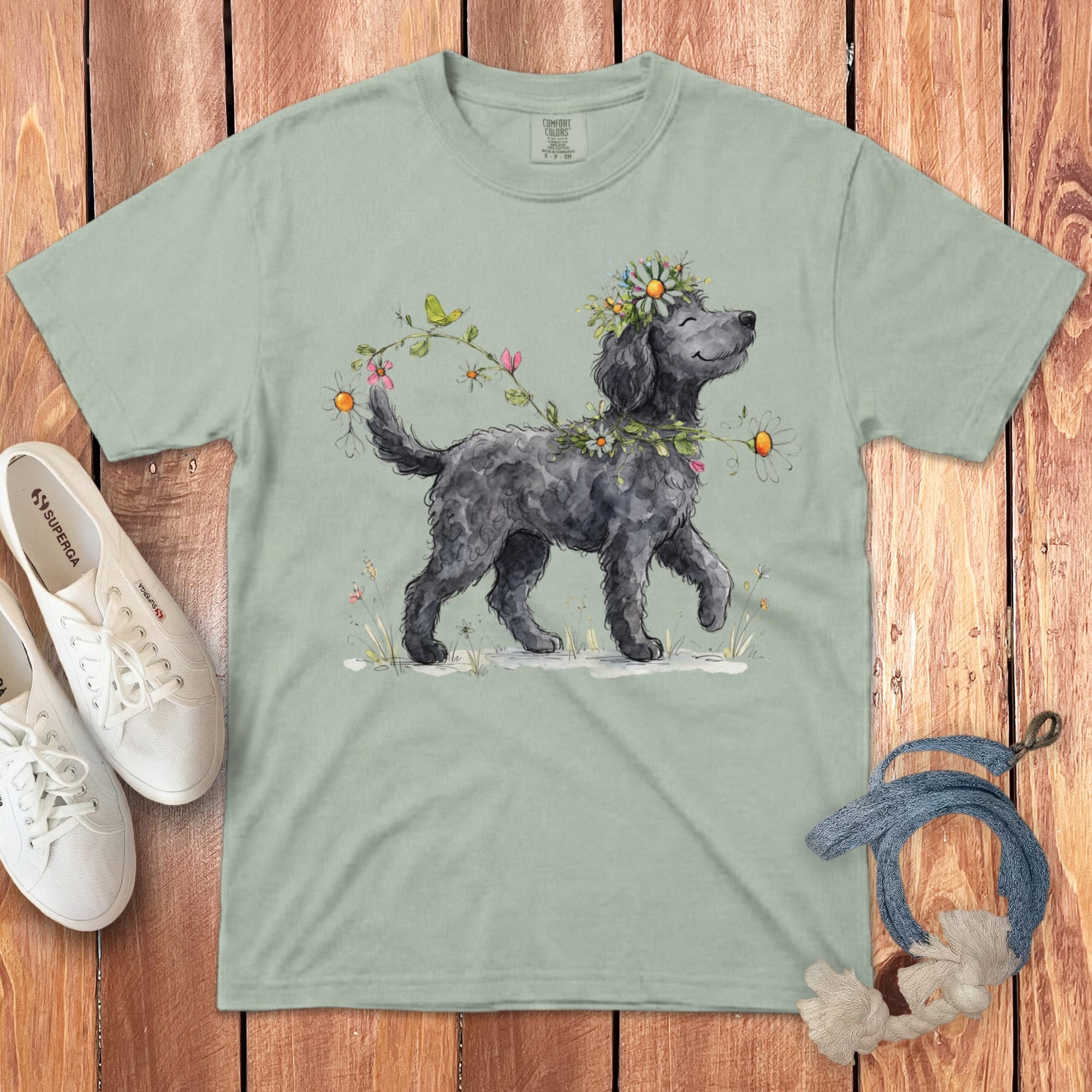 Prancing Floral Black Doodle Signature T-Shirt in Bay / S by Puppy Jo