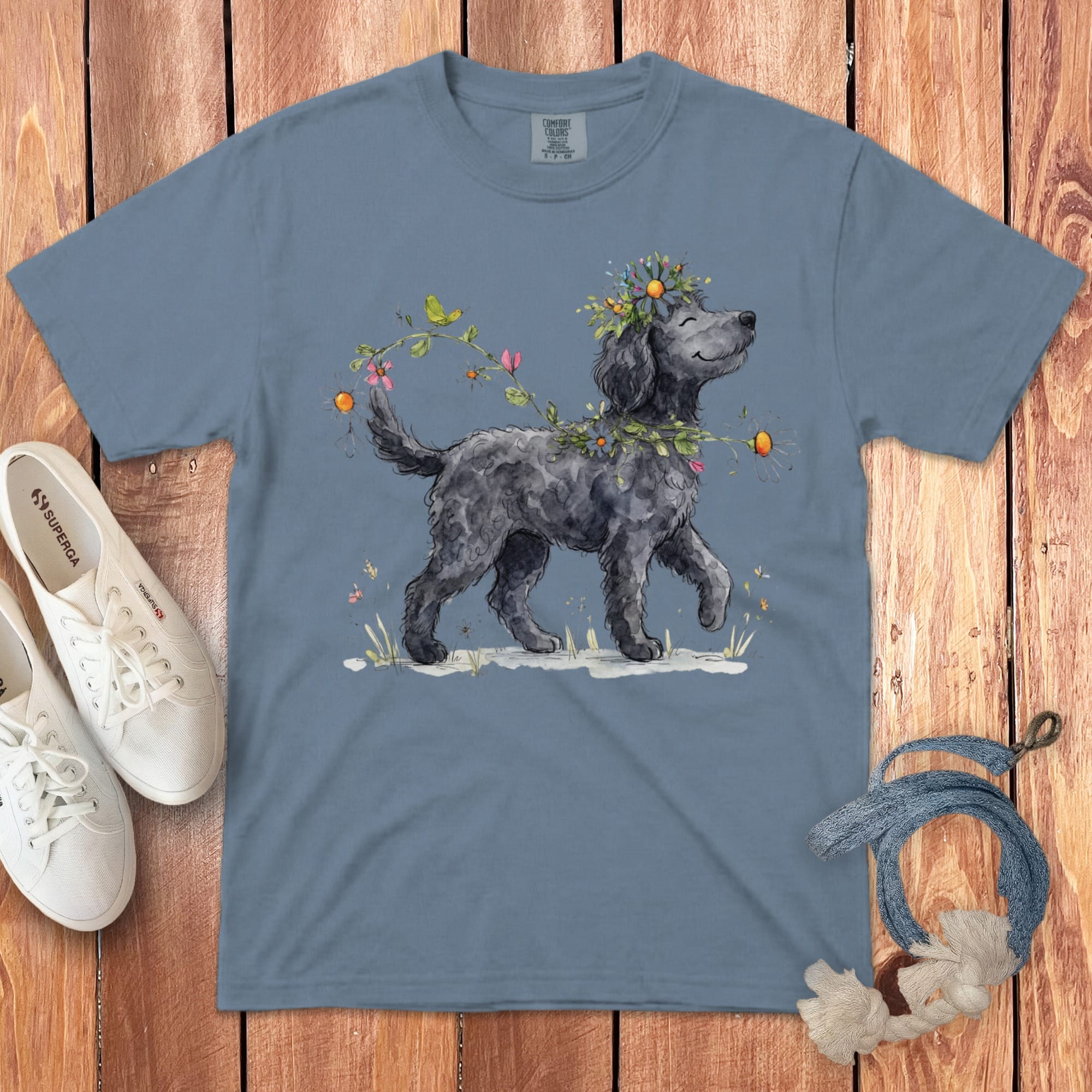 Prancing Floral Black Doodle Signature T-Shirt in Blue Jean / S by Puppy Jo