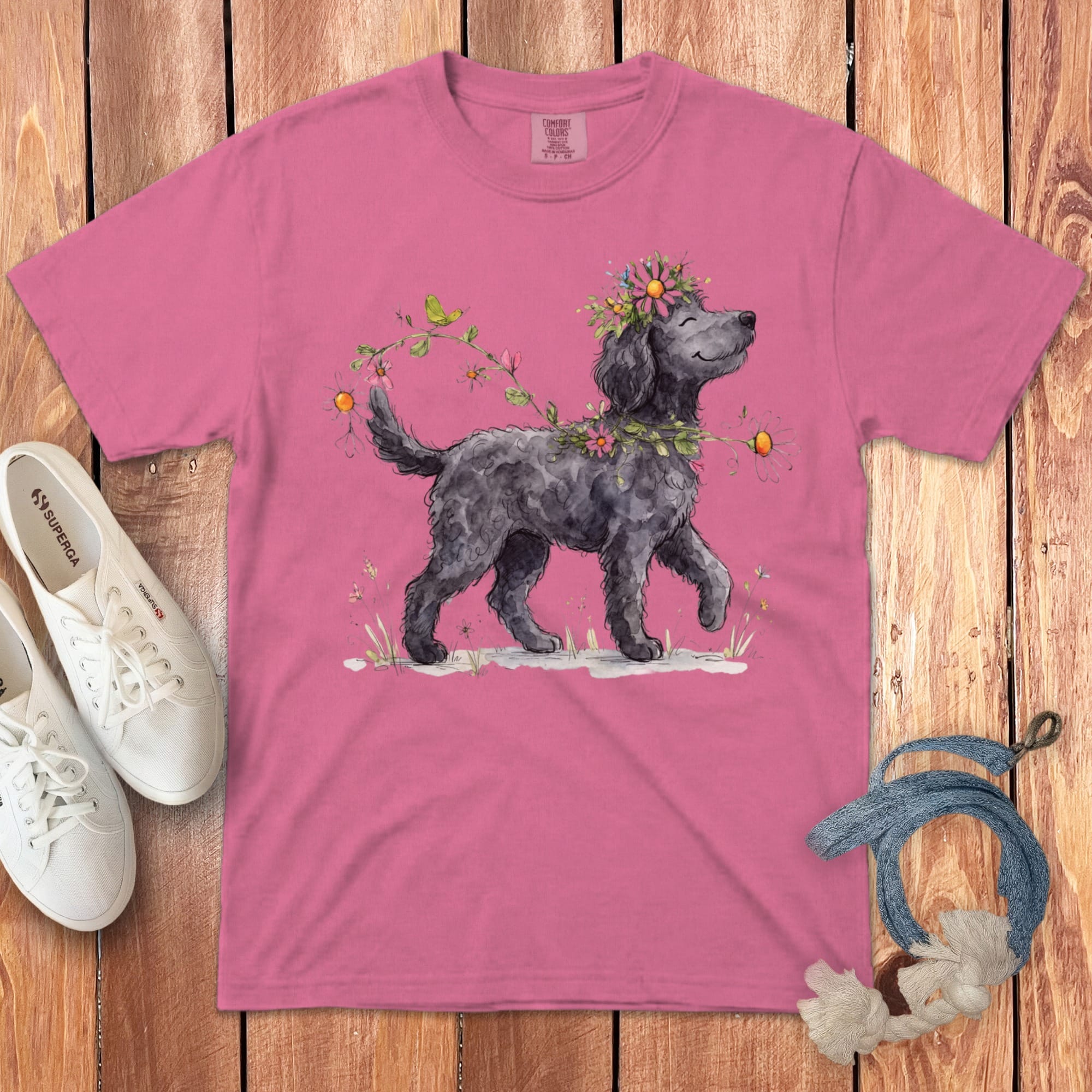 Prancing Floral Black Doodle Signature T-Shirt in Crunchberry / S by Puppy Jo