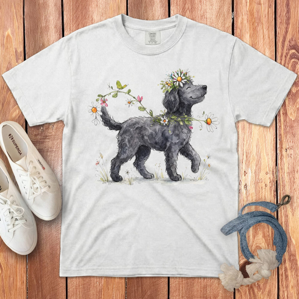Prancing Floral Black Doodle Signature T-Shirt in White / S by Puppy Jo