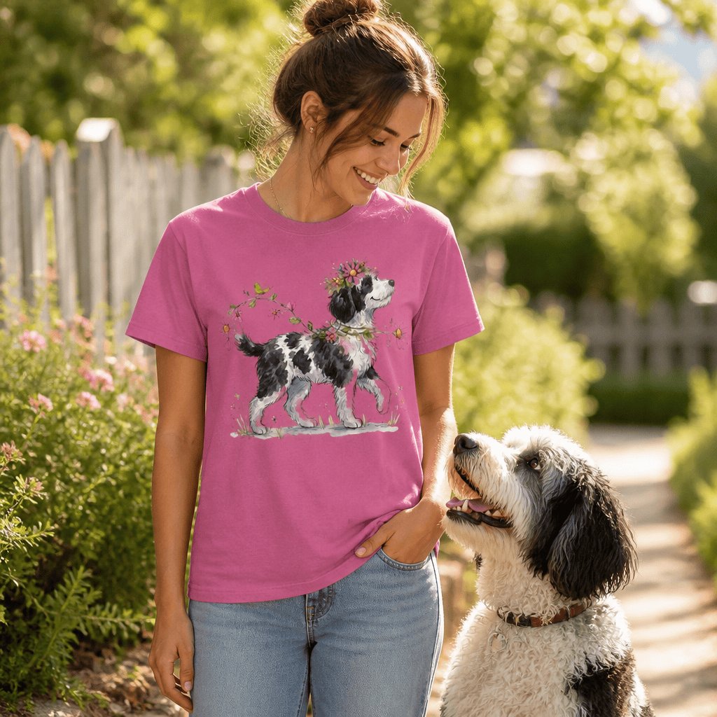 Prancing Floral Sheepadoodle Signature T-Shirt in by Puppy Jo