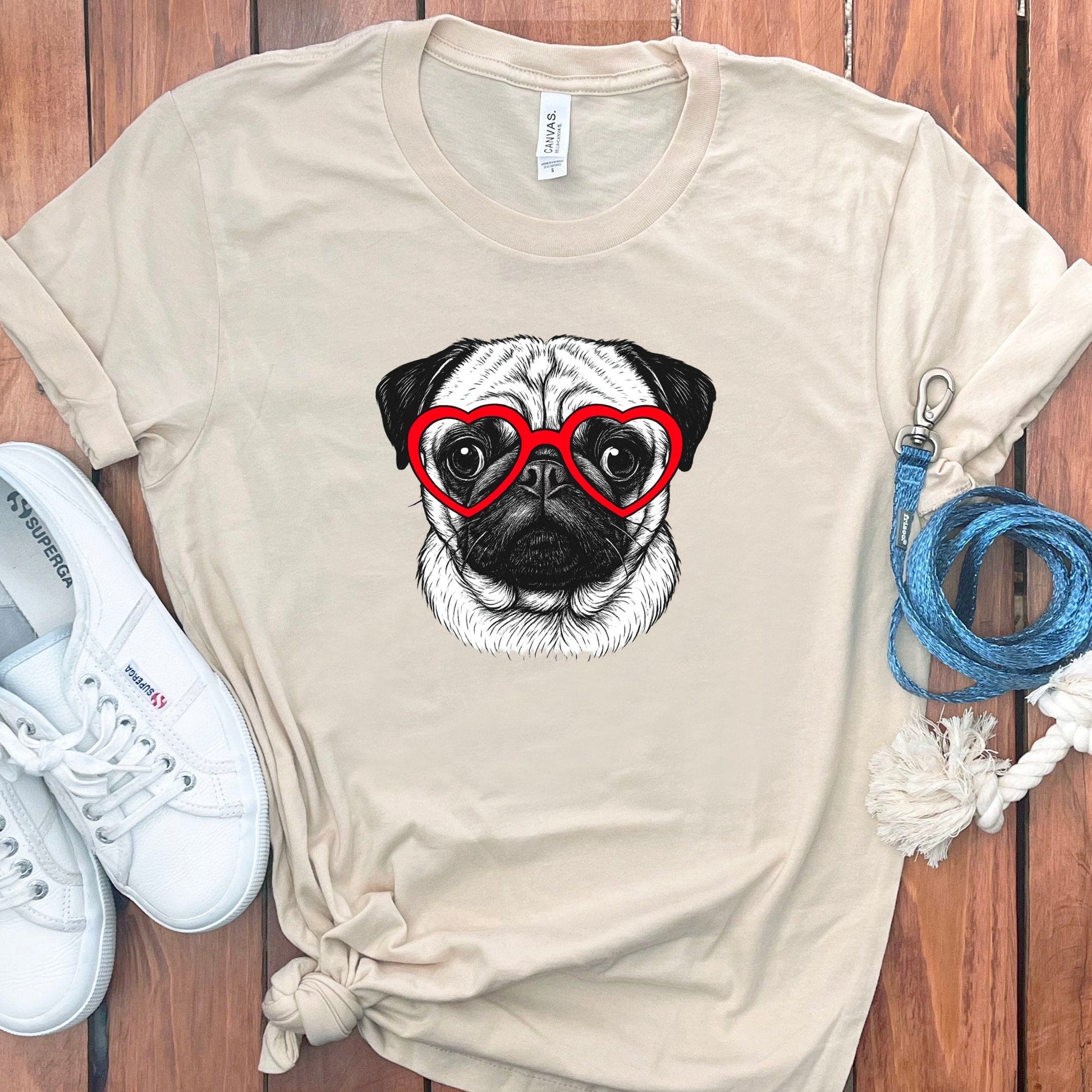 Pug Wearing Heart Glasses Graphic Tee product type