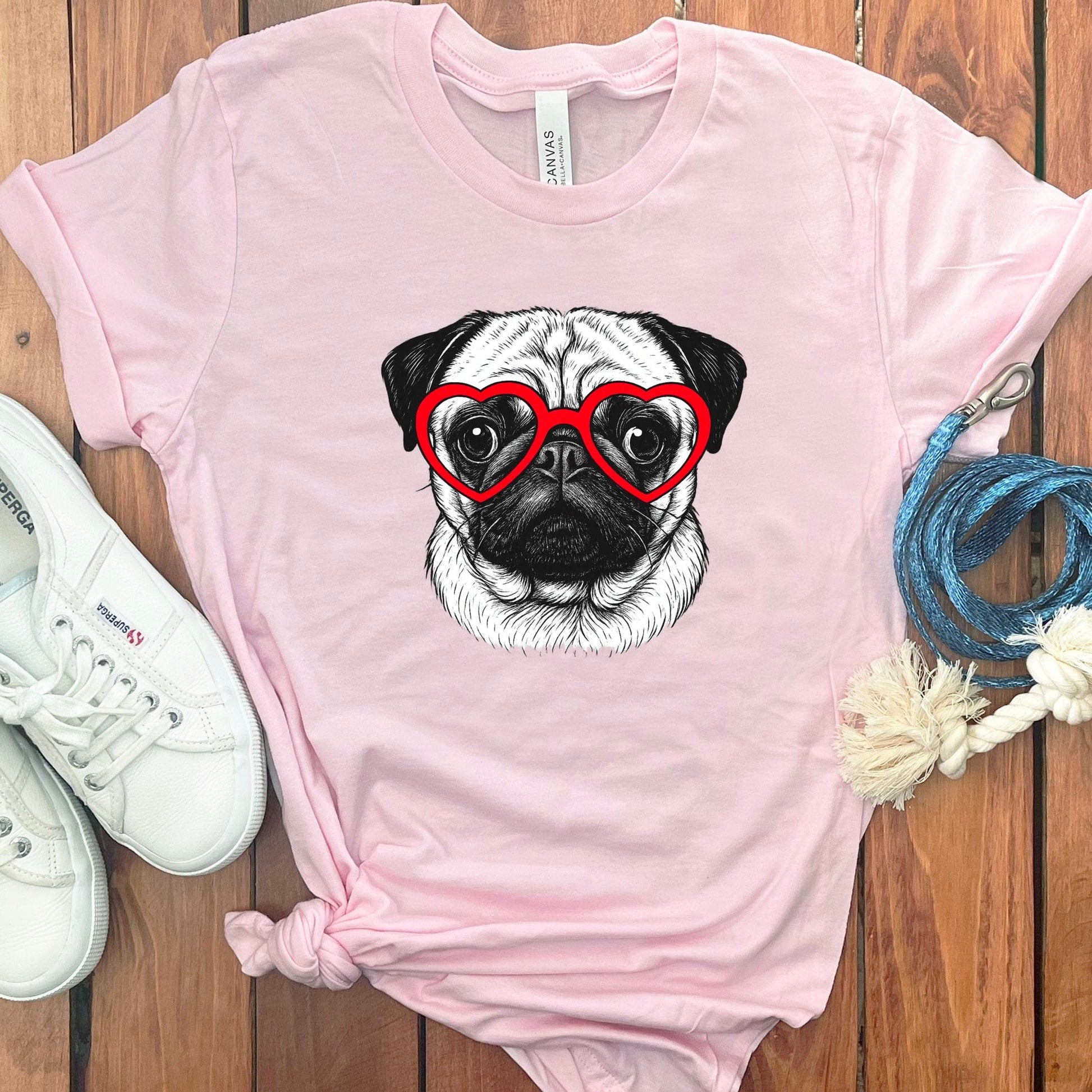 Cute Pug with Heart Glasses on Pink T-shirt product