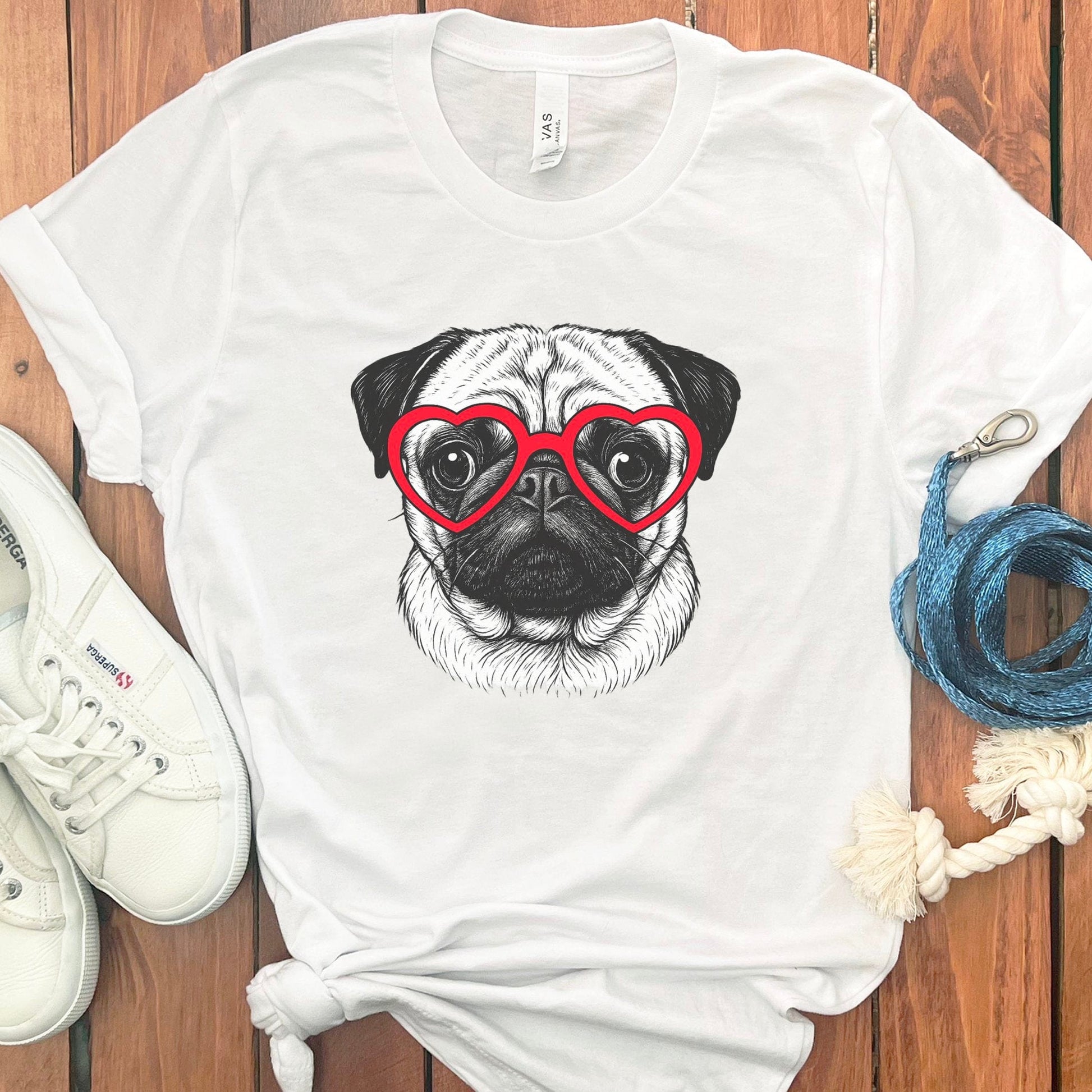 Cute Pug with Red Heart Glasses Graphic T-Shirt product