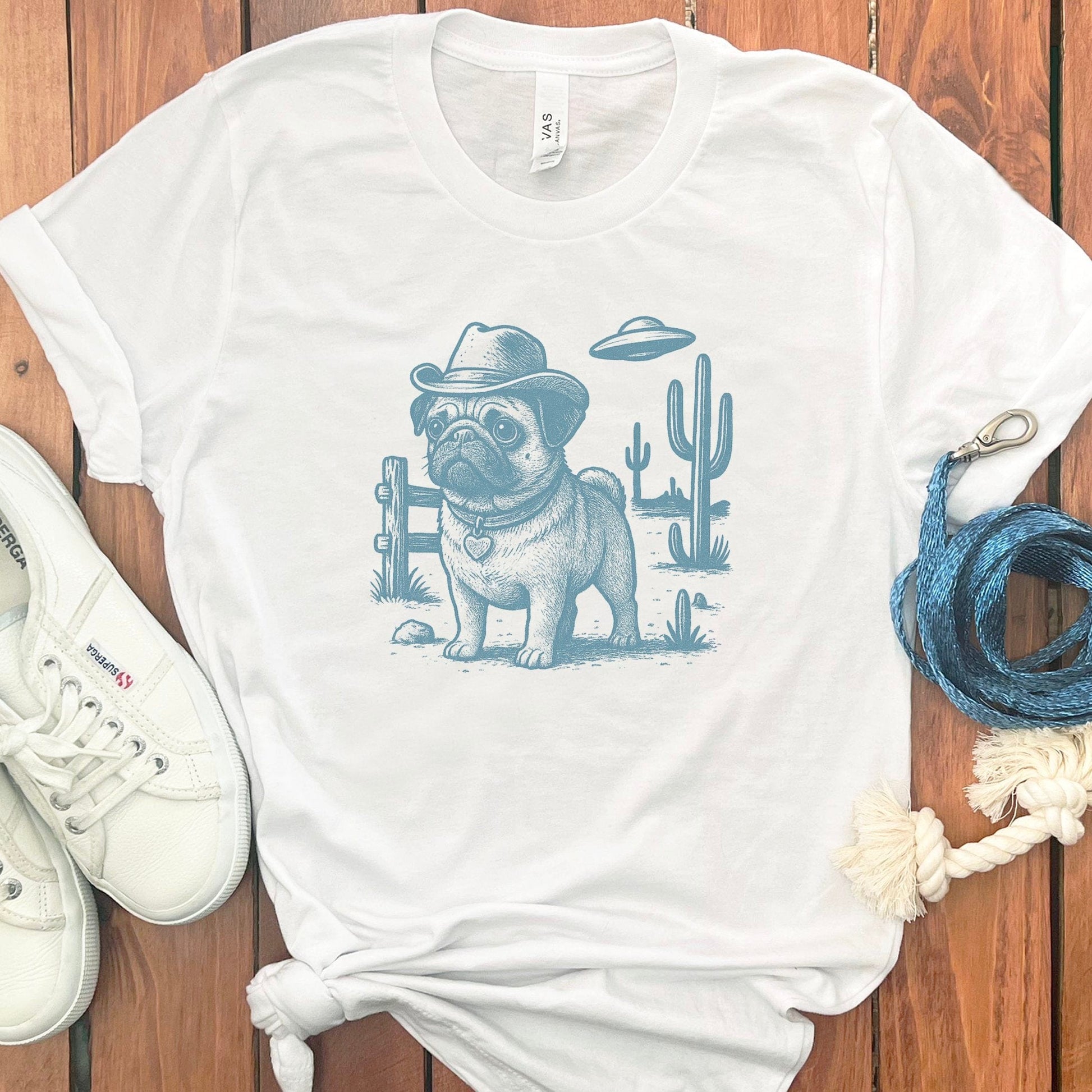 Cowboy Pug Design Cactus and UFO Print T-Shirt product
