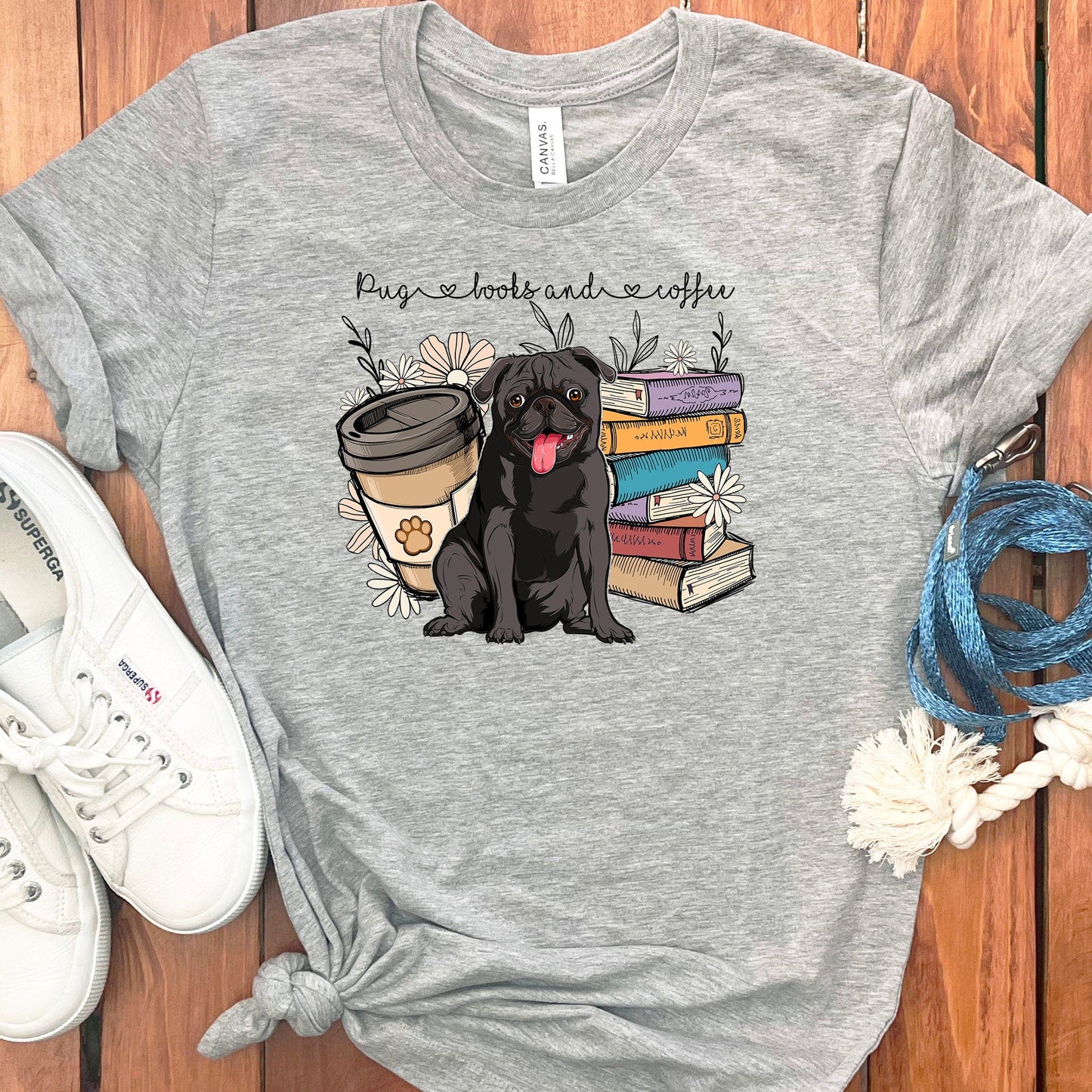 PUGS BOOKS AND COFFEE T-SHIRT