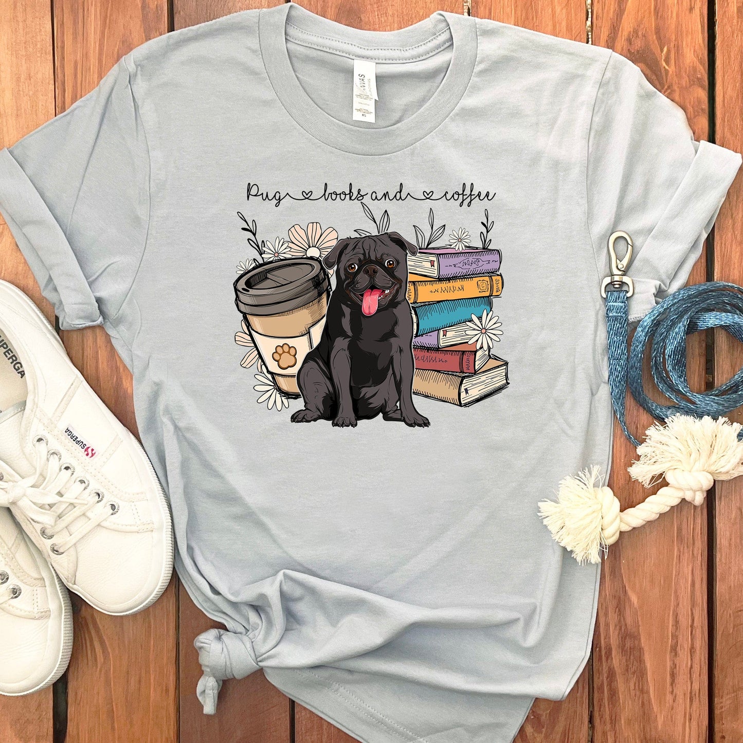 PUGS BOOKS AND COFFEE T-SHIRT