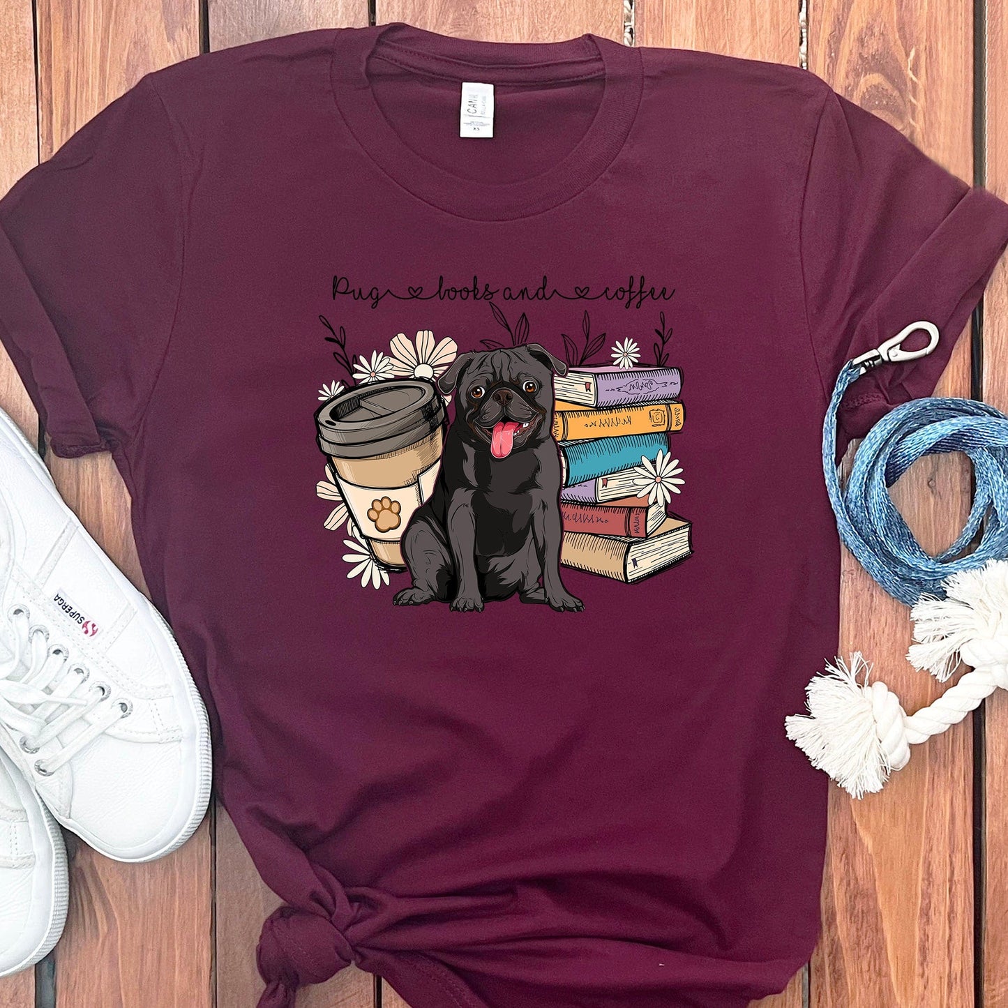 PUGS BOOKS AND COFFEE T-SHIRT