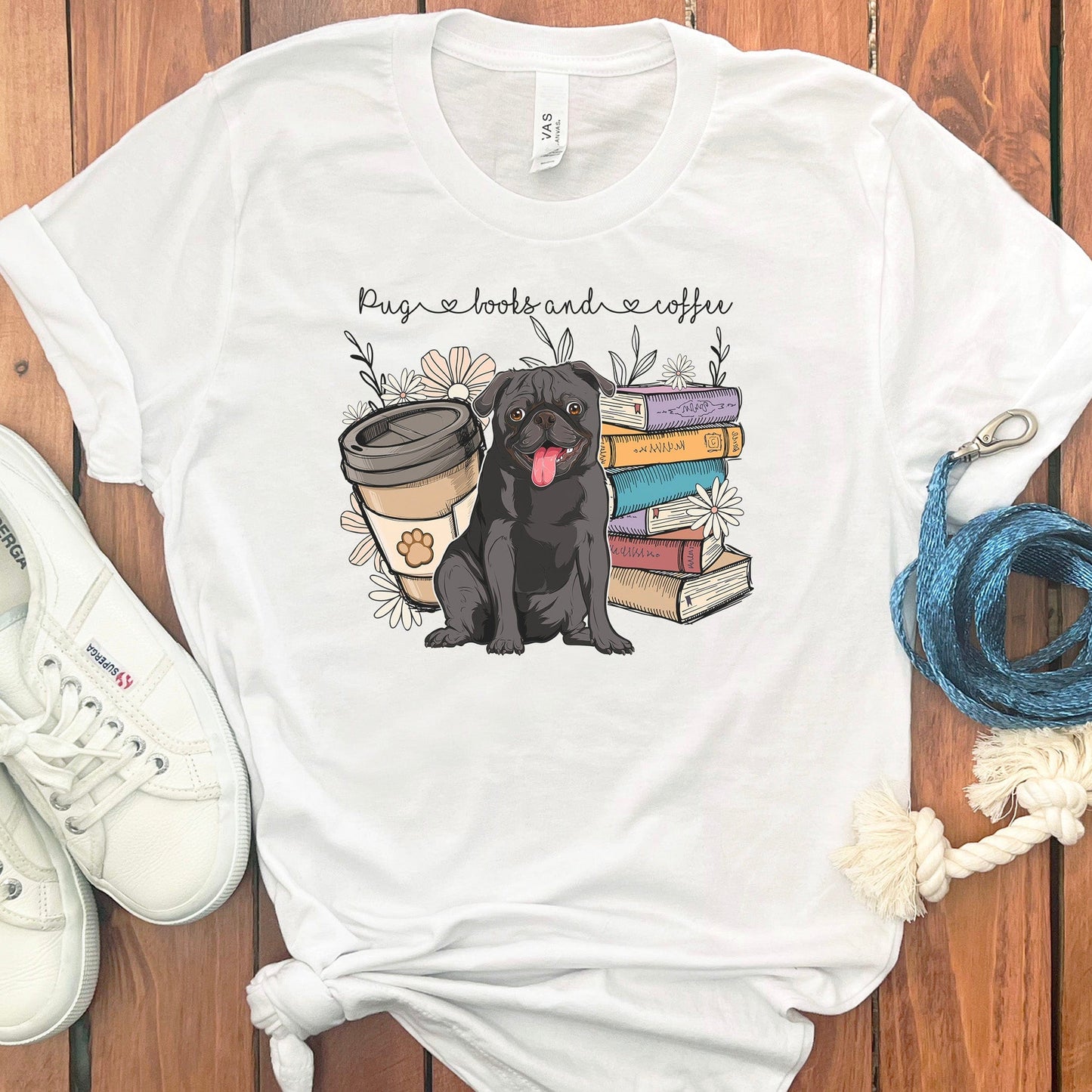 PUGS BOOKS AND COFFEE T-SHIRT