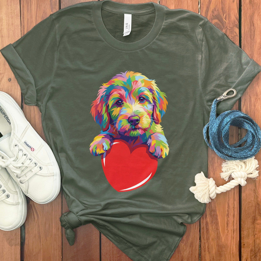 Rainbow Doodle Heart T-Shirt in Military Green / S by Puppy Jo