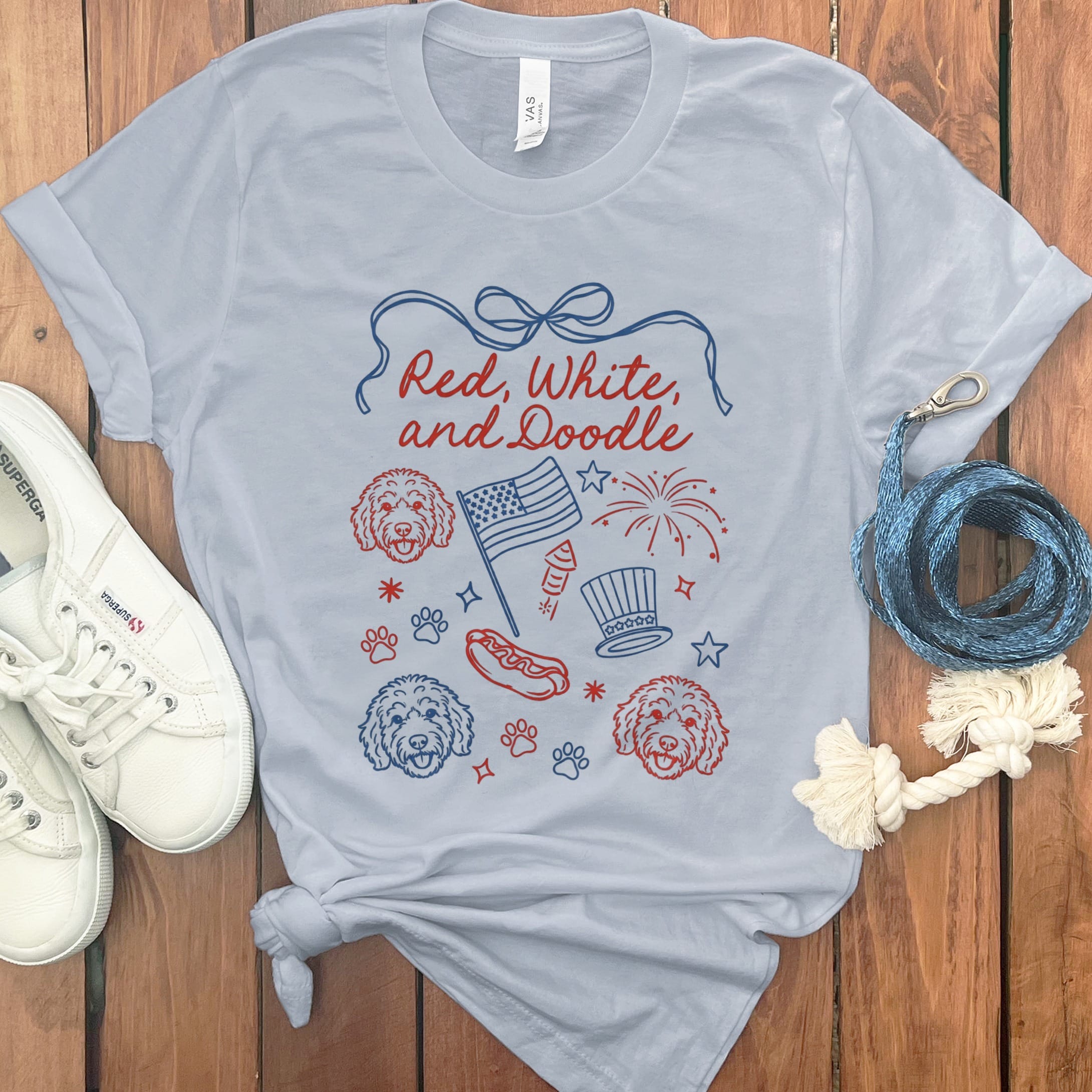 Red White Doodle T-Shirt in Light Blue / S by Puppy Jo