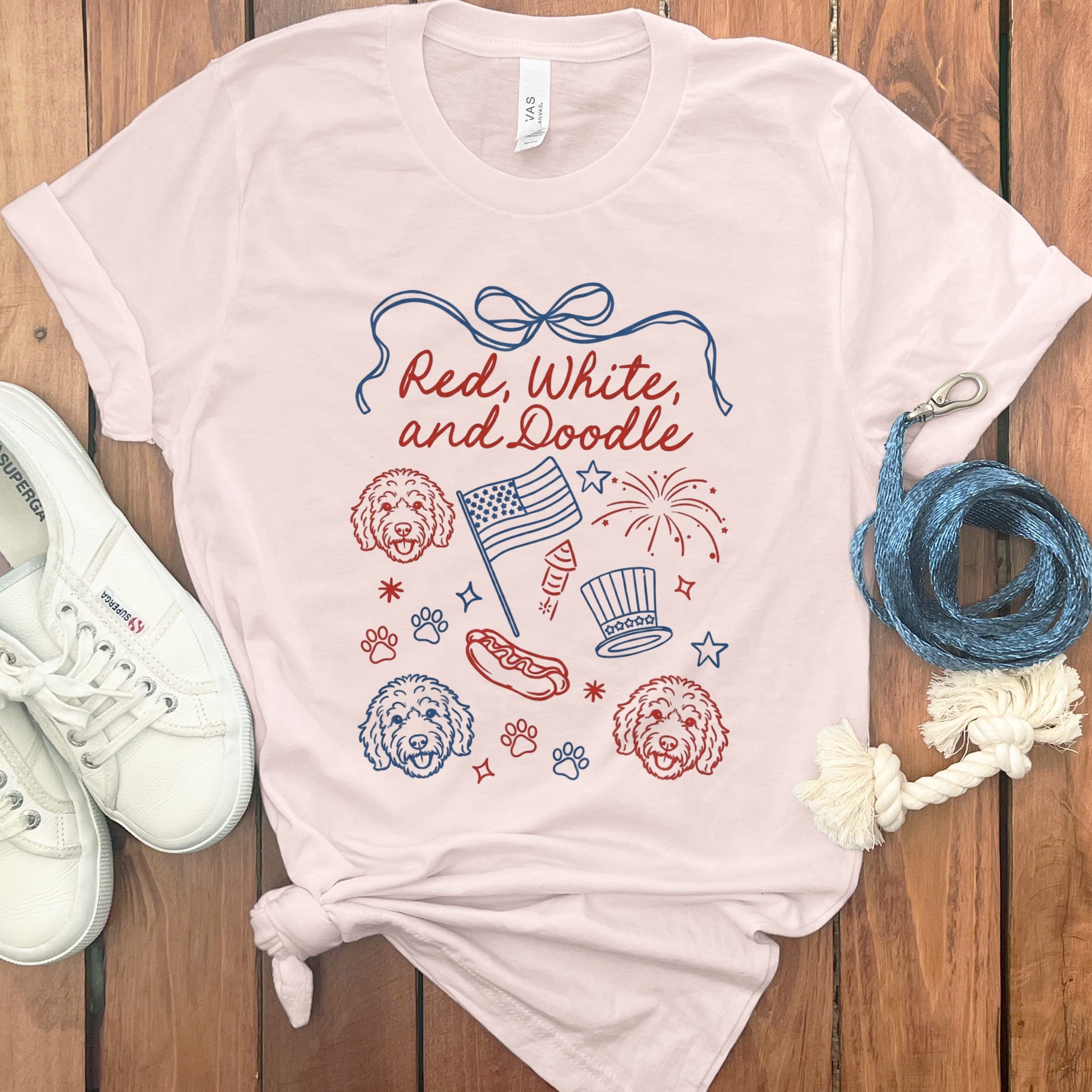Red White Doodle T-Shirt in Soft Pink / S by Puppy Jo