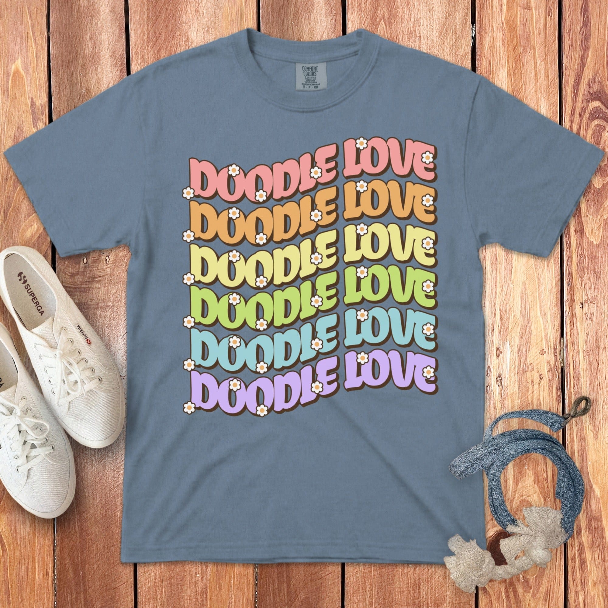 Retro Daisy Doodle Love Signature T-Shirt in Blue Jean / S by Puppy Jo