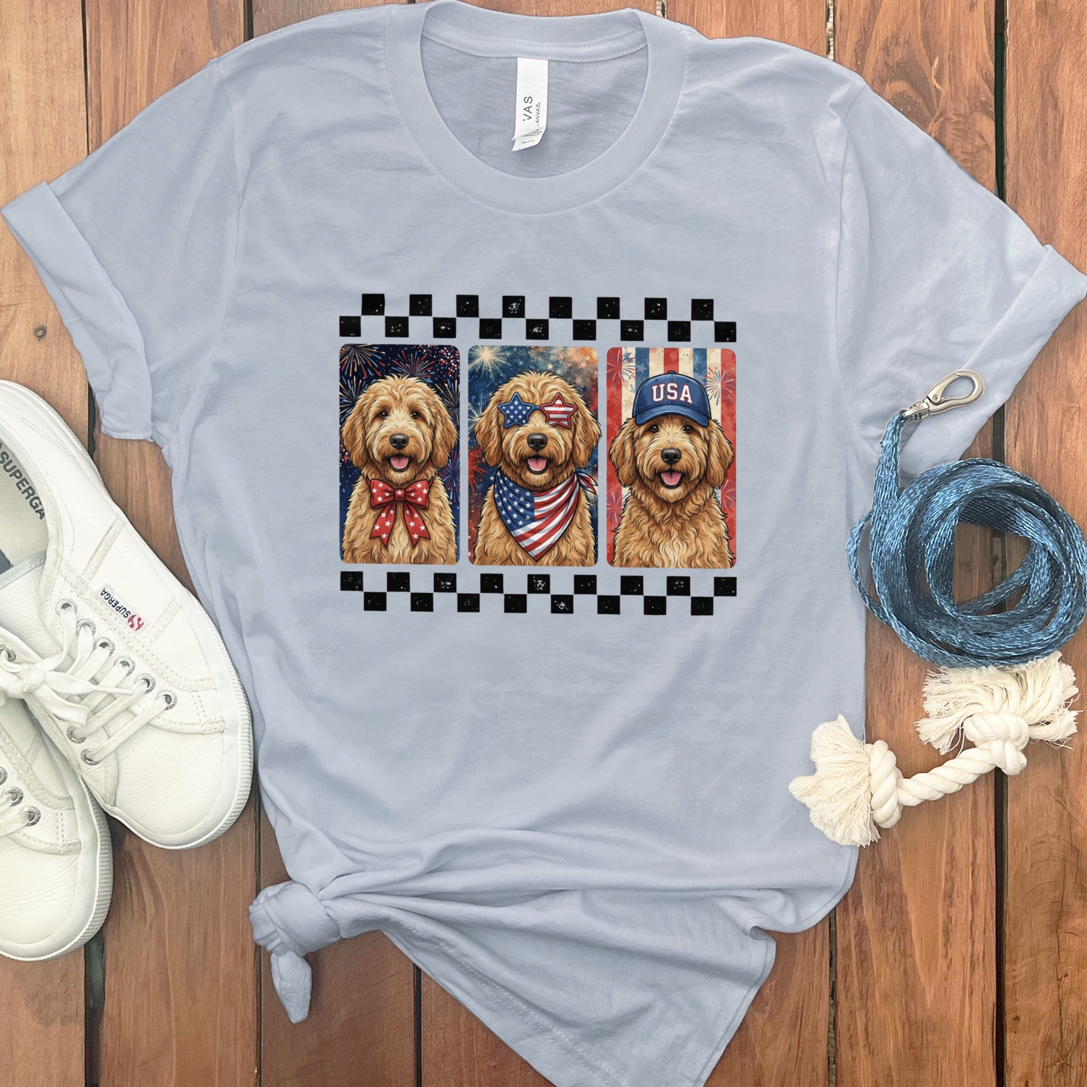 Retro Patriotic Doodles T-Shirt in Light Blue / S by Puppy Jo