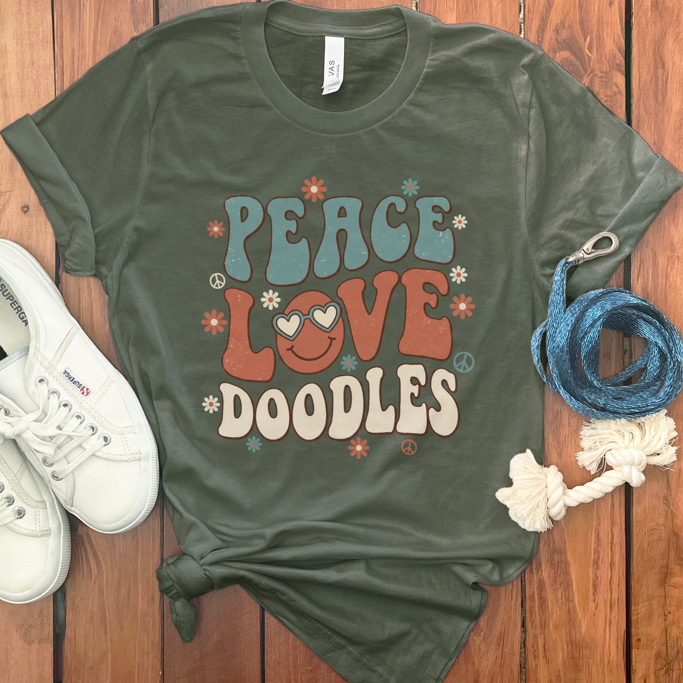 Retro Peace Doodles T-Shirt in Military Green / S by Puppy Jo