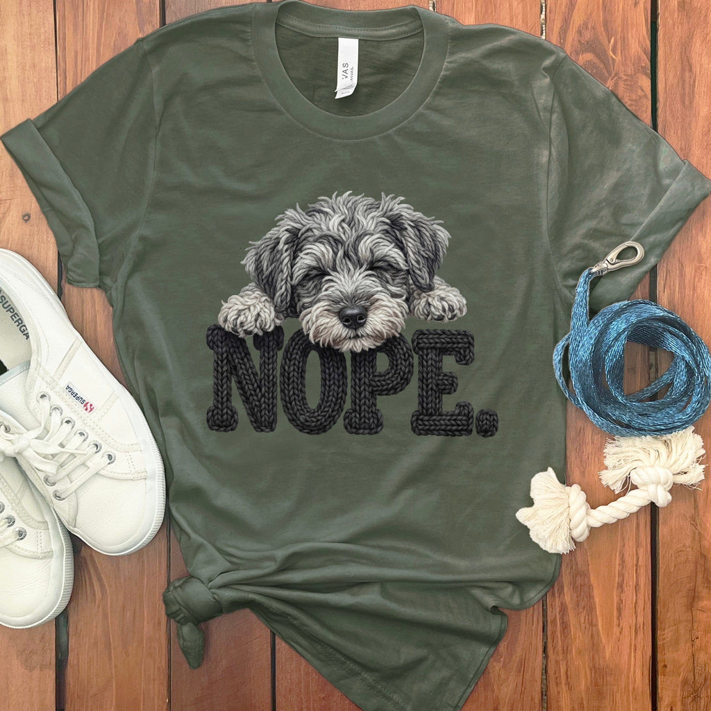Schnoodle Faux Yarn Nope T-Shirt in Military Green / S by Puppy Jo